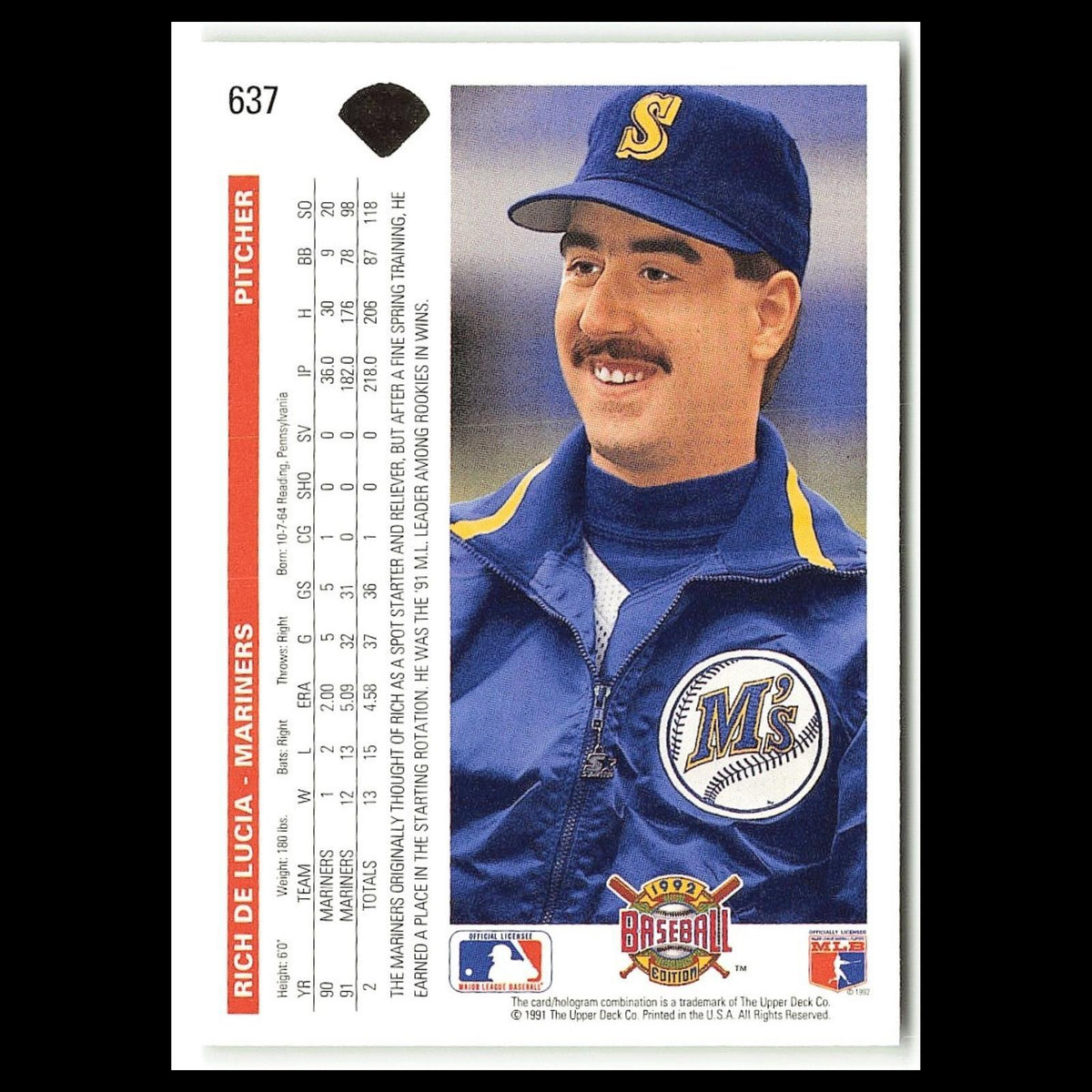 Rich DeLucia #637 1992 Upper Deck Seattle Mariners Baseball Card MLB NM