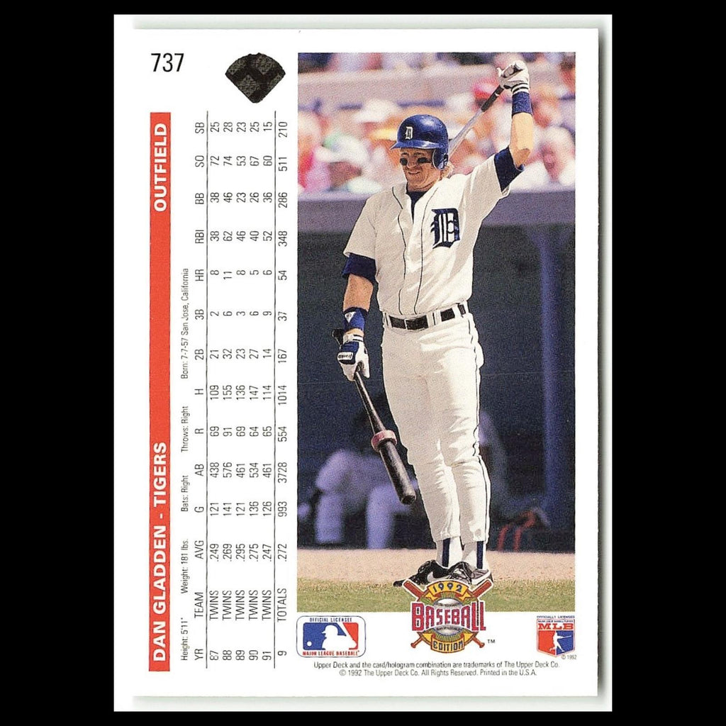Dan Gladden #737 1992 Upper Deck Detroit Tigers Baseball Card MLB NM