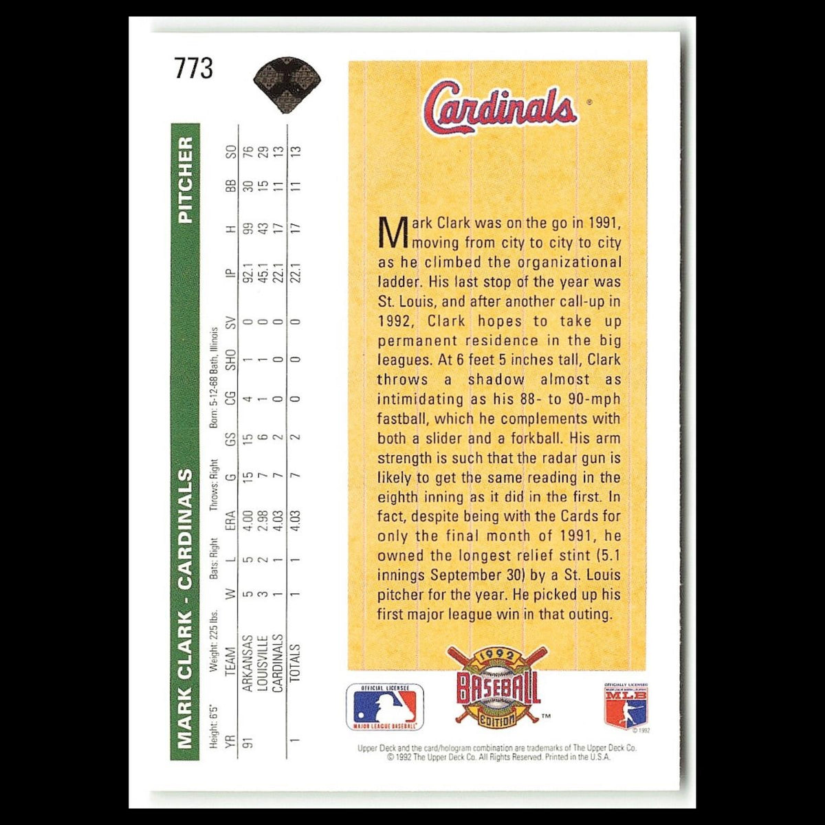 Mark Clark Rookie #773 1992 Upper Deck St. Louis Cardinals Baseball Card MLB NM