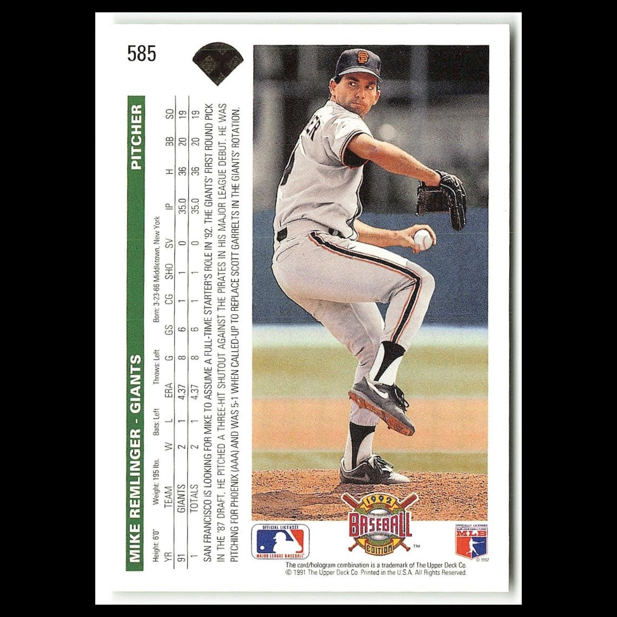 Mike Remlinger #585 1992 Upper Deck San Francisco Giants Baseball Card MLB NM