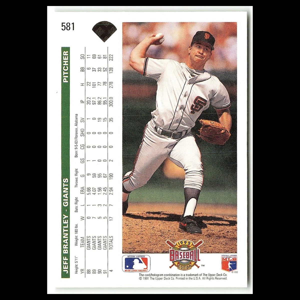 Jeff Brantley #581 1992 Upper Deck San Francisco Giants Baseball Card MLB NM