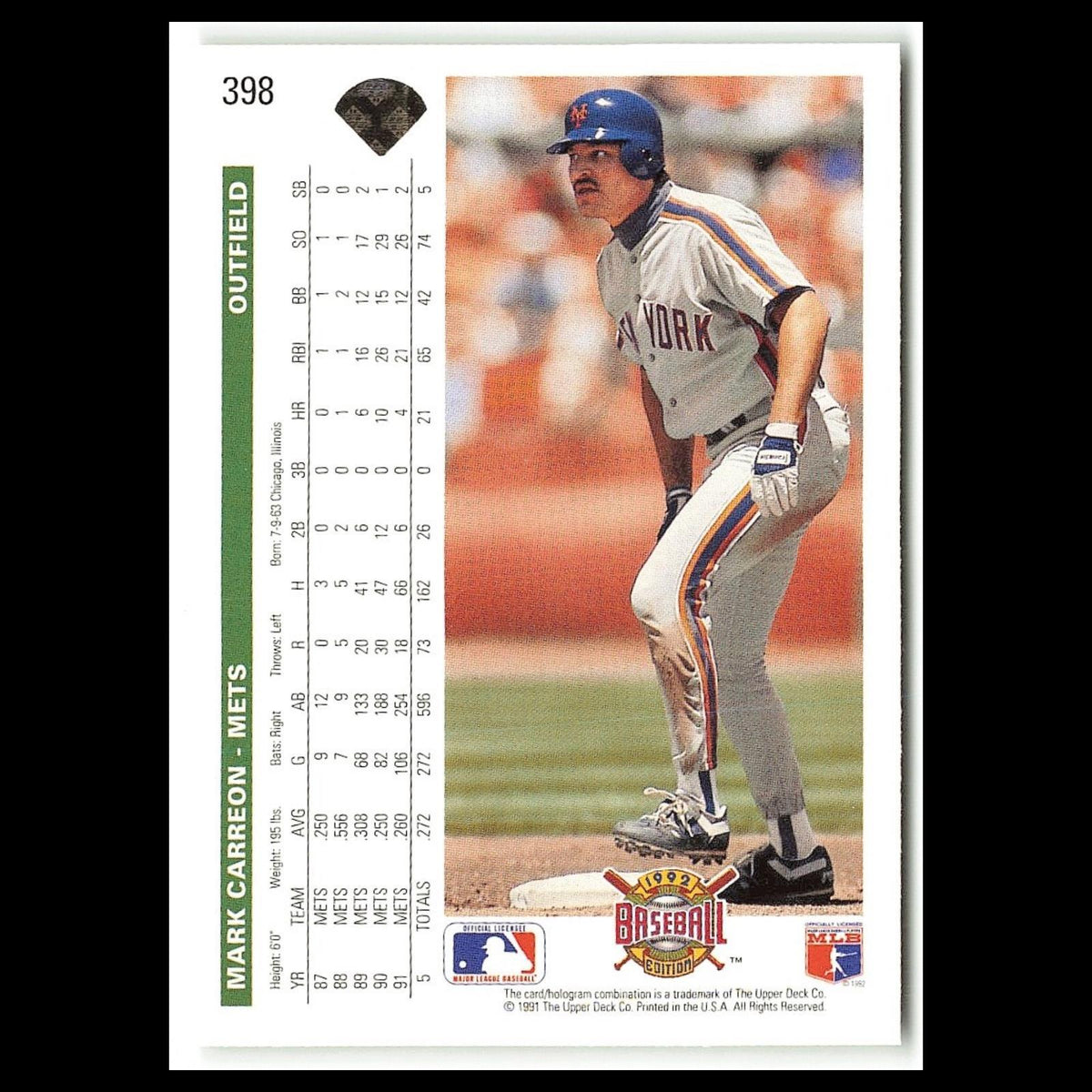 Mark Carreon #398 1992 Upper Deck New York Mets Baseball Card MLB NM