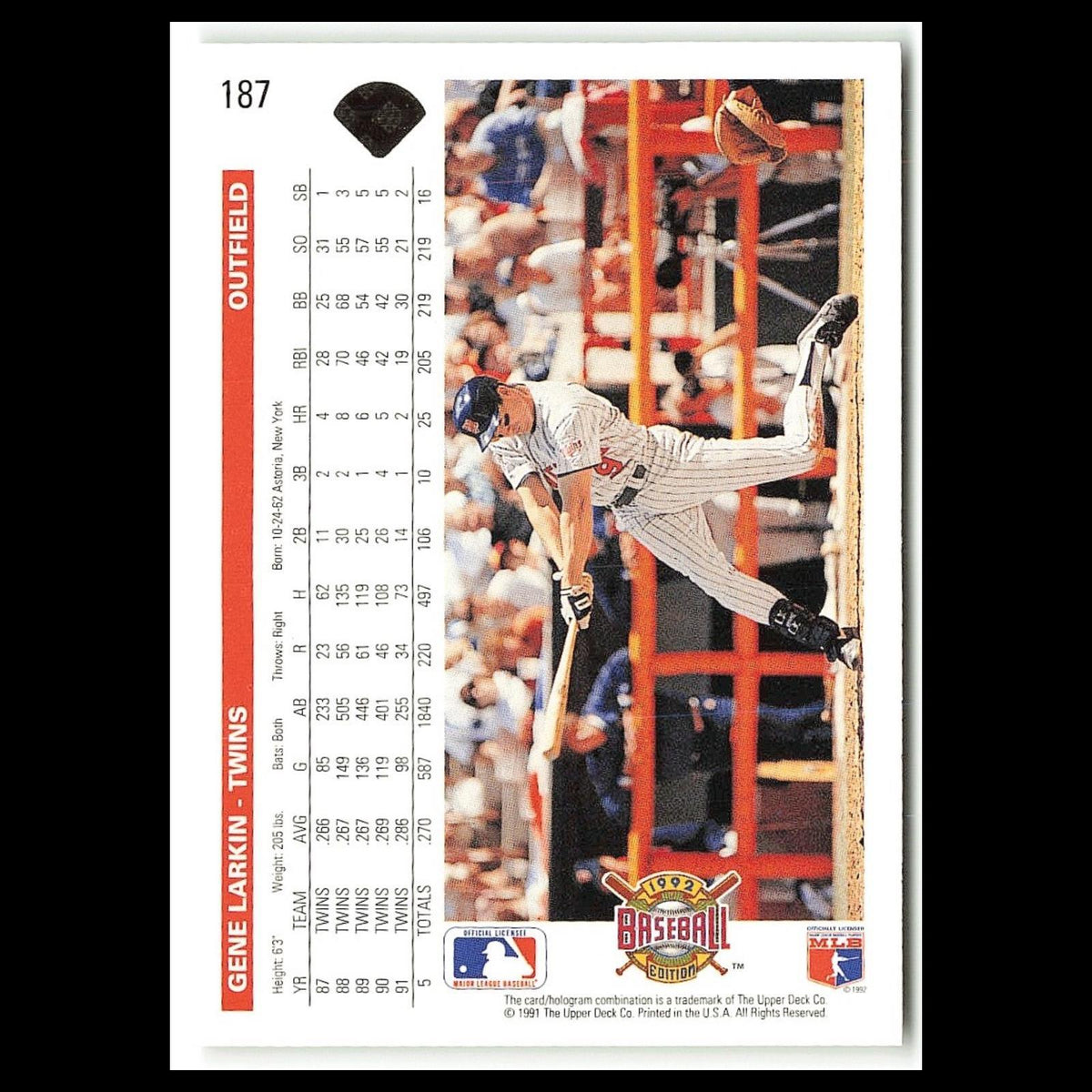 Gene Larkin #187 1992 Upper Deck Minnesota Twins Baseball Card MLB NM