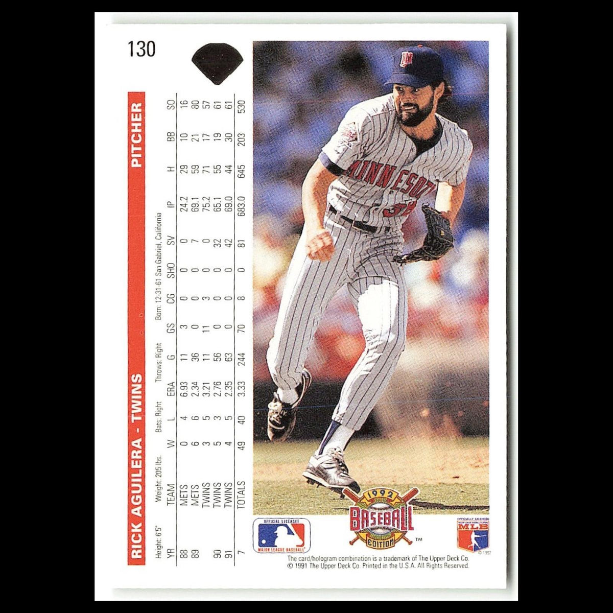Rick Aguilera #130 1992 Upper Deck Minnesota Twins Baseball Card MLB NM