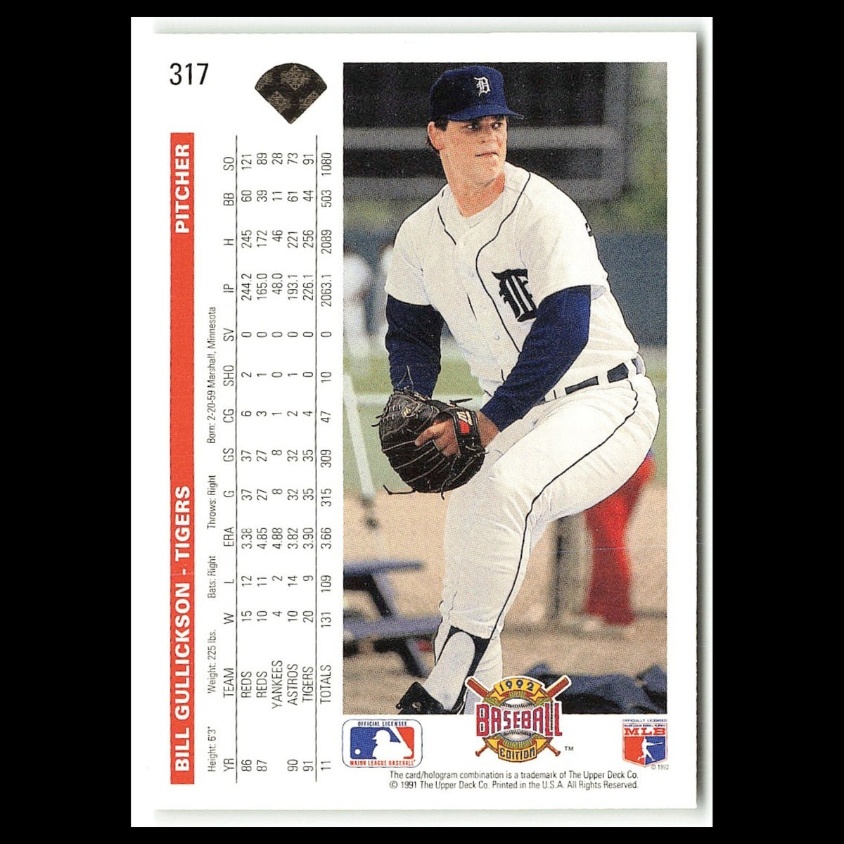 Bill Gullickson #317 1992 Upper Deck Detroit Tigers Baseball Card MLB NM