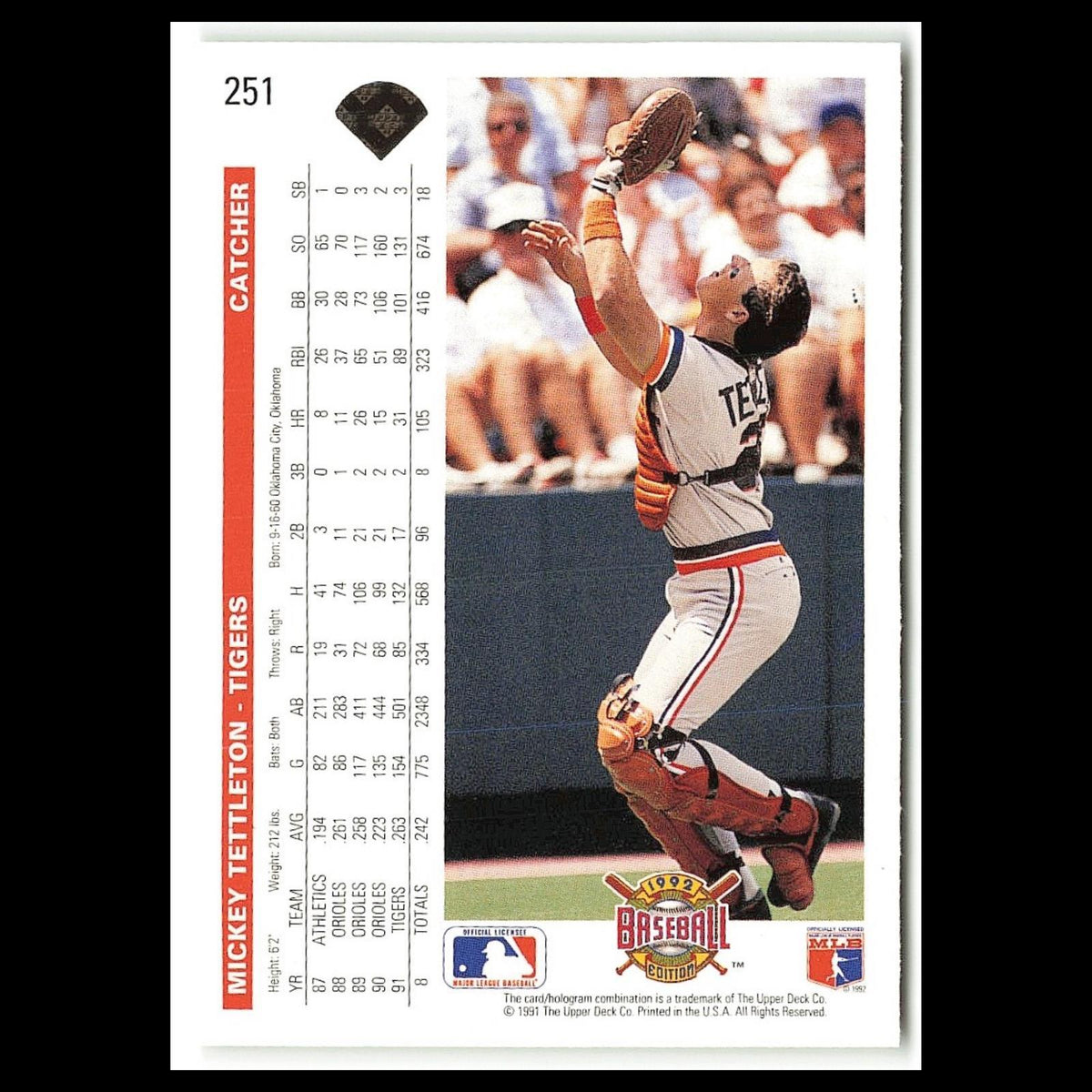 Mickey Tettleton #251 1992 Upper Deck Detroit Tigers Baseball Card MLB NM
