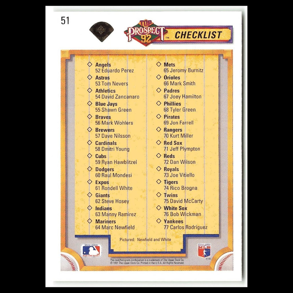 Top Prospect Checklist #51 1992 Upper Deck Montreal Expos/Seattle Mariners Card