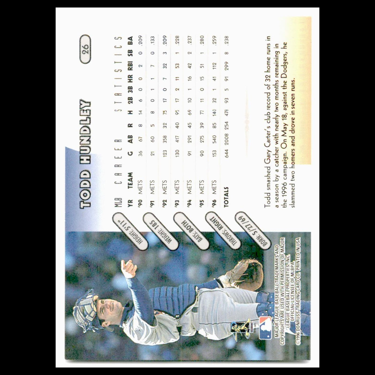 Todd Hundley #26 1997 Donruss New York Mets Baseball Card MLB NM