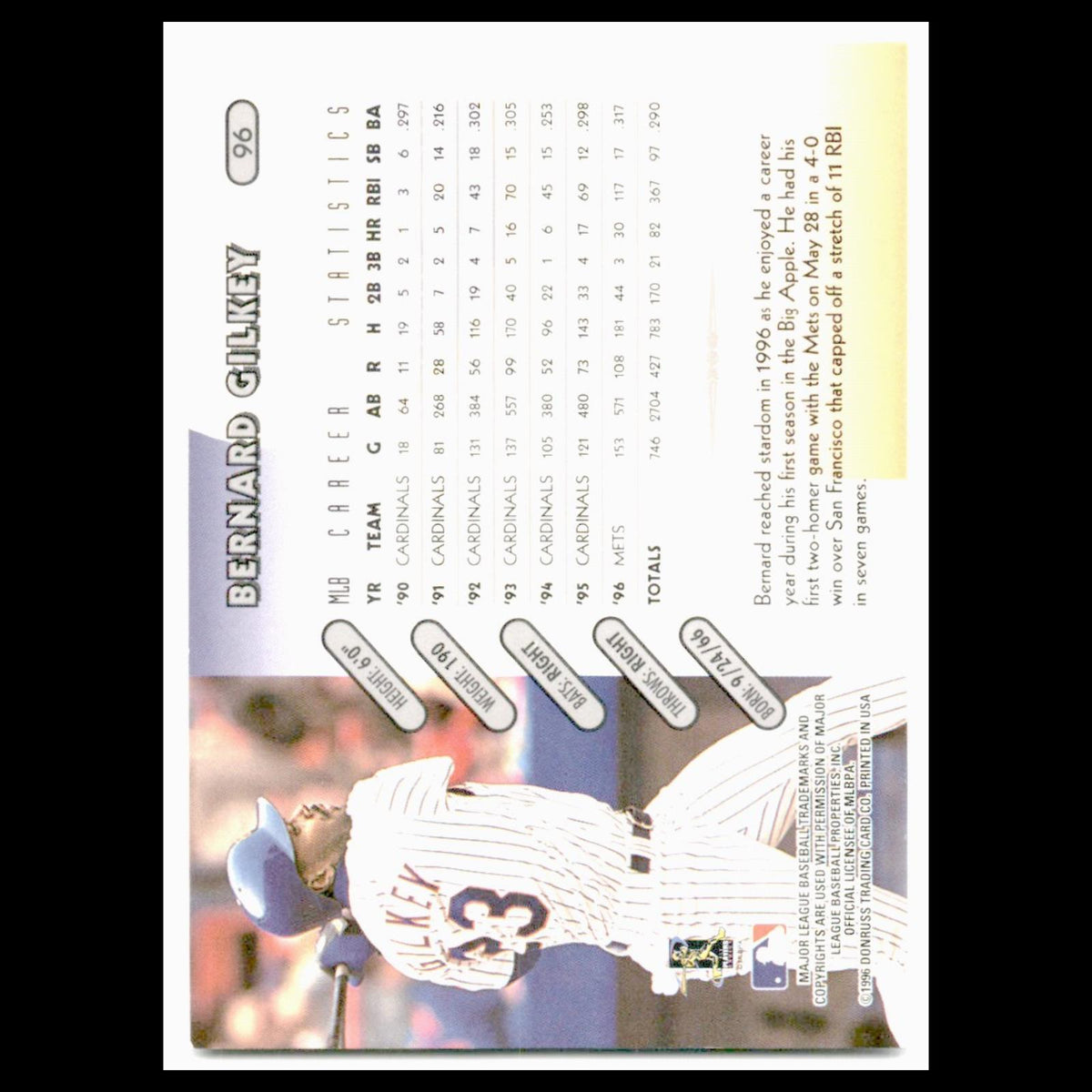 Bernard Gilkey #96 1997 Donruss New York Mets Baseball Card MLB NM
