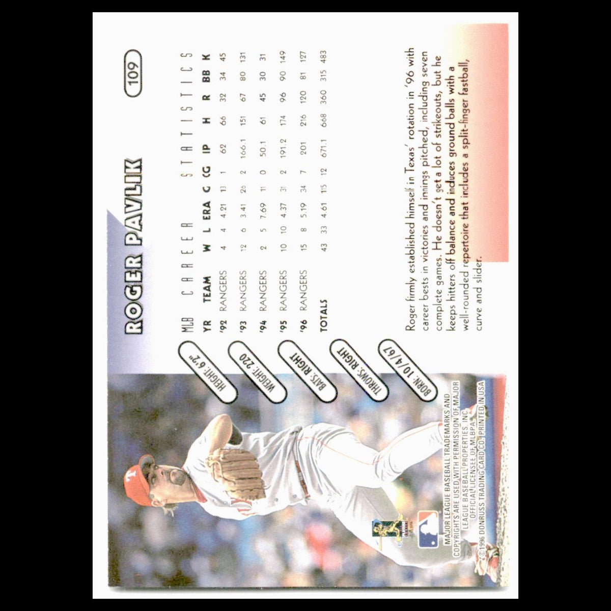Roger Pavlik #109 1997 Donruss Texas Rangers Baseball Card MLB NM