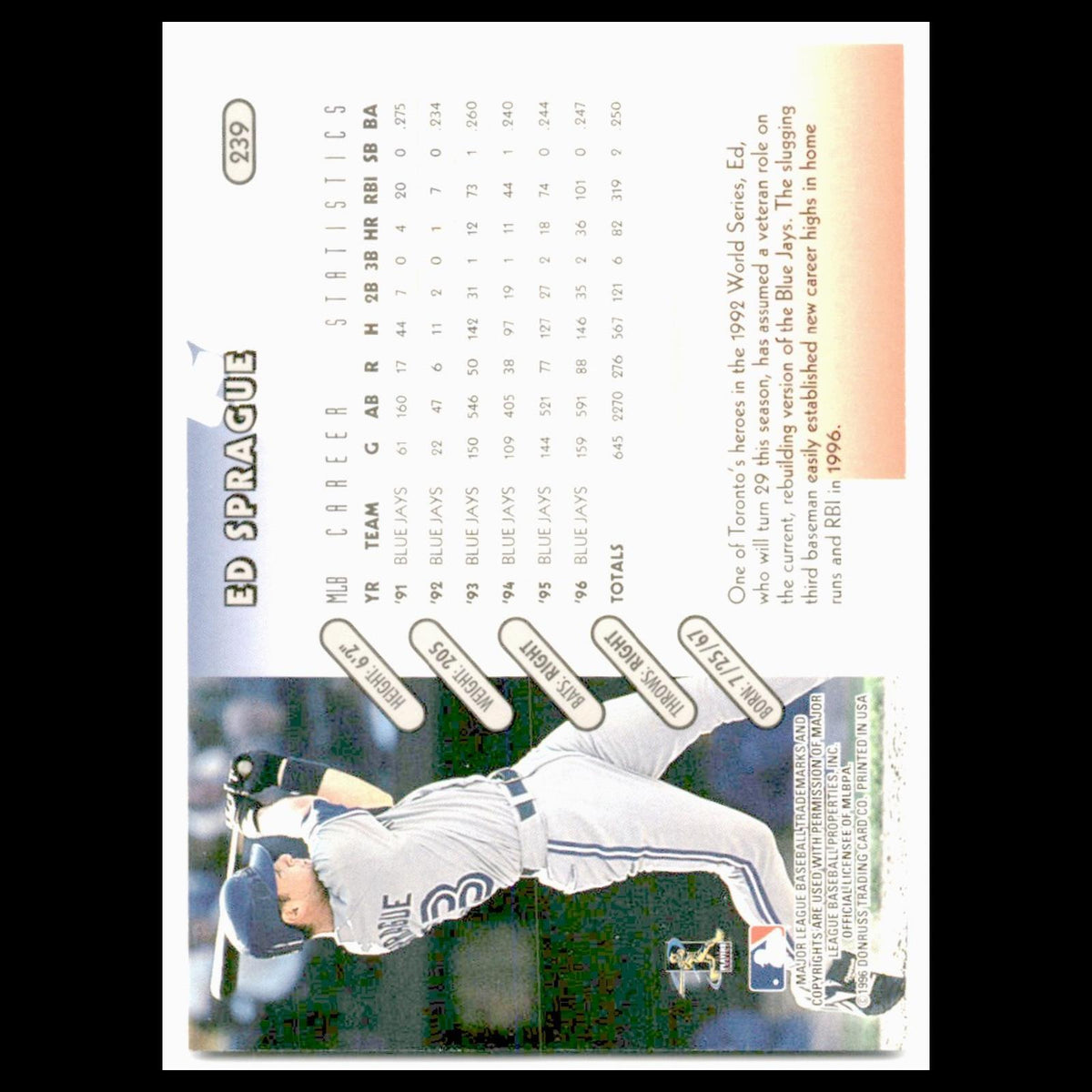 Ed Sprague #239 1997 Donruss Toronto Blue Jays Baseball Card MLB NM