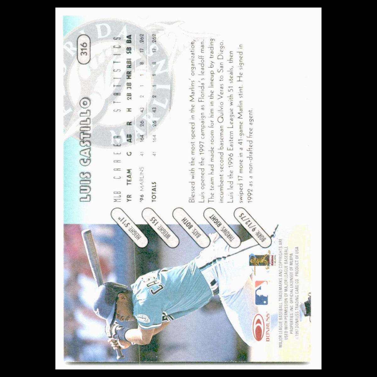 Luis Castillo #316 1997 Donruss Florida Marlins Baseball Card MLB NM