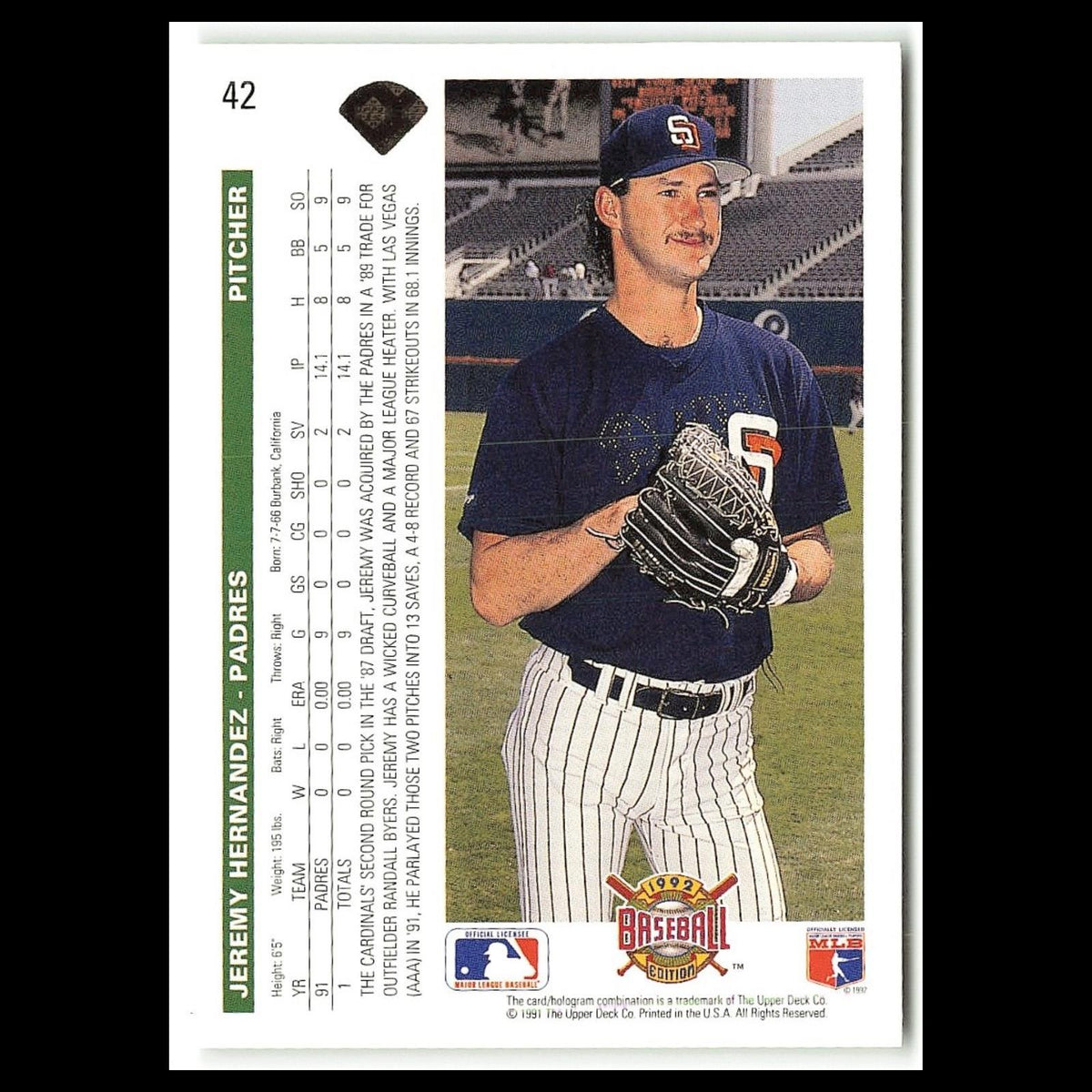 Jeremy Hernandez #42 1992 Upper Deck San Diego Padres Baseball Card MLB NM