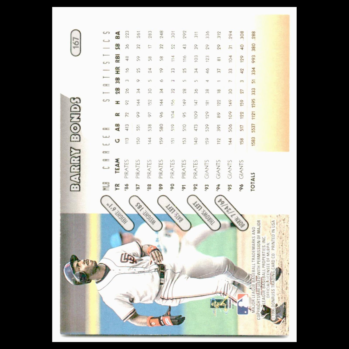 Barry Bonds #167 1997 Donruss San Francisco Giants Baseball Card MLB NM