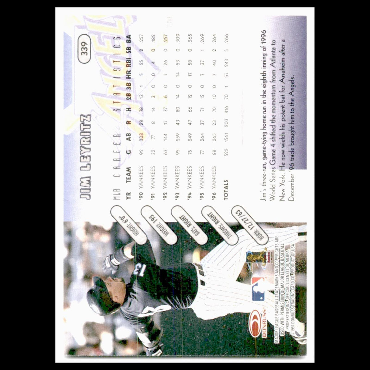 Jim Leyritz #339 1997 Donruss Anaheim Angels Baseball Card MLB NM