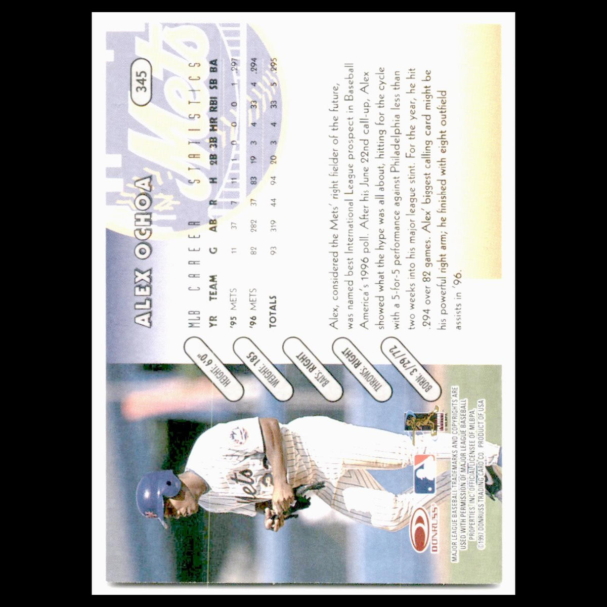 Alex Ochoa #345 1997 Donruss New York Mets Baseball Card MLB NM