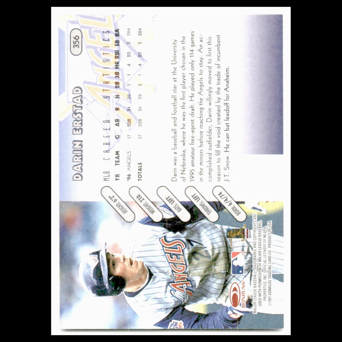 Darin Erstad Rookie #356 1997 Donruss Anaheim Angels Baseball Card MLB NM