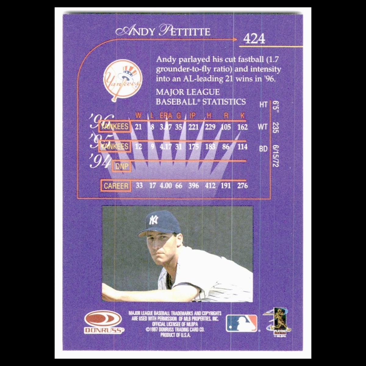 Andy Pettite #424 1997 Donruss New York Yankees Baseball Card MLB NM