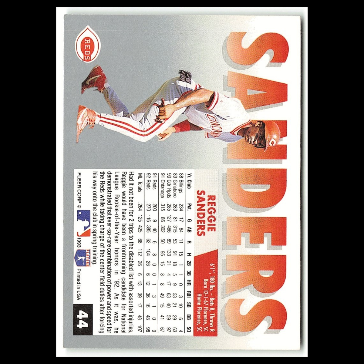 Reggie Sanders #44 1993 Fleer Cincinnati Reds Baseball Card MLB NM