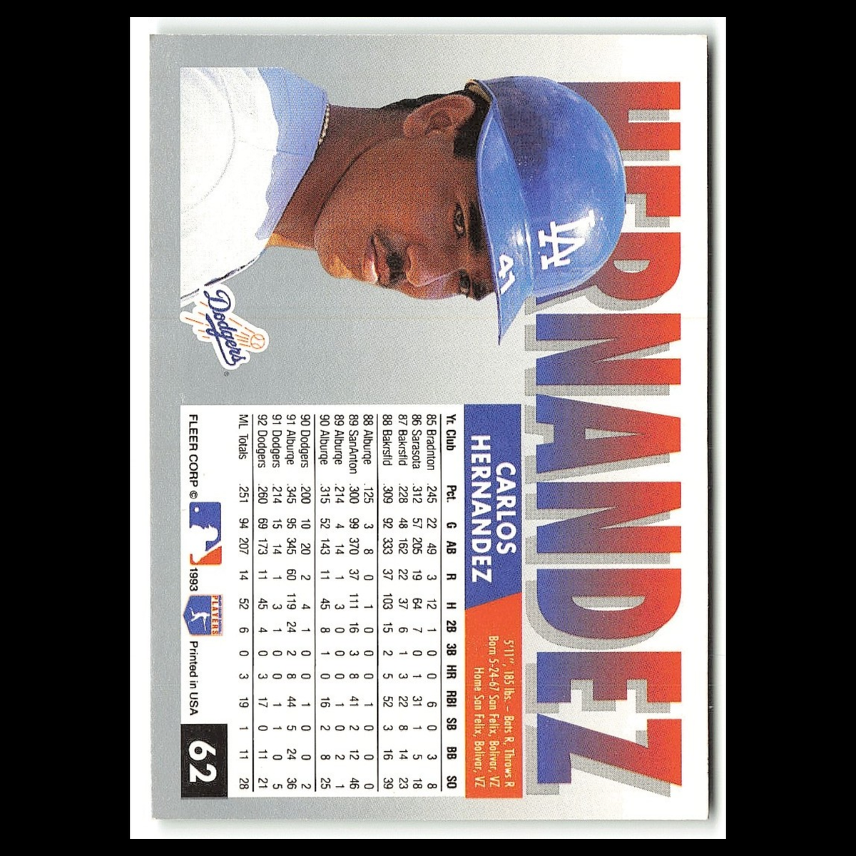 Carlos Hernandez #62 1993 Fleer Los Angeles Dodgers Baseball Card MLB NM