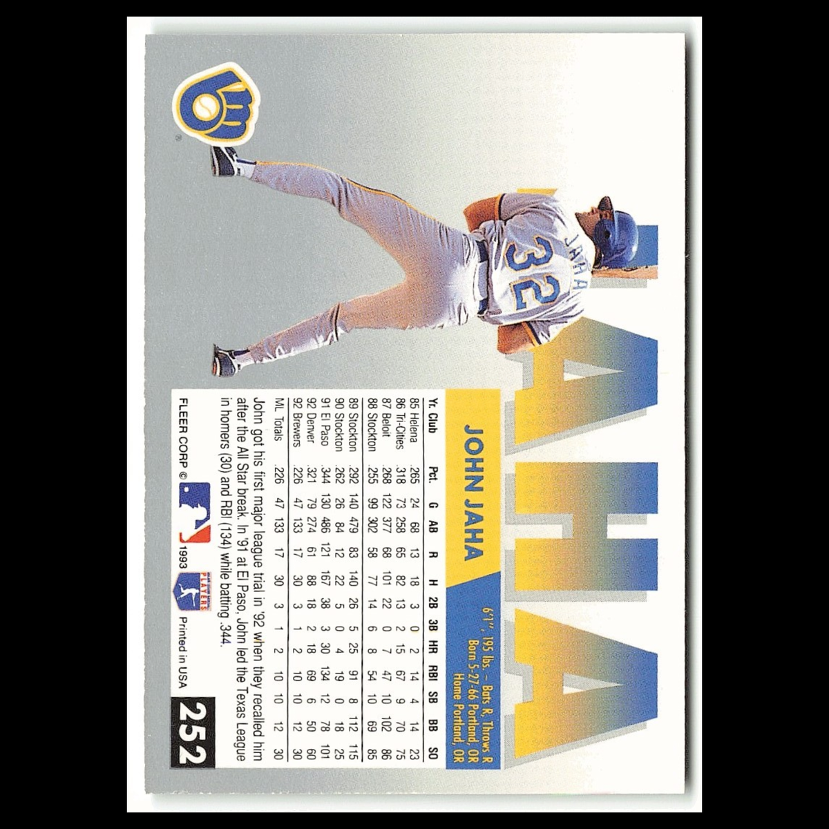 John Jaha #252 1993 Fleer Milwaukee Brewers Baseball Card MLB NM