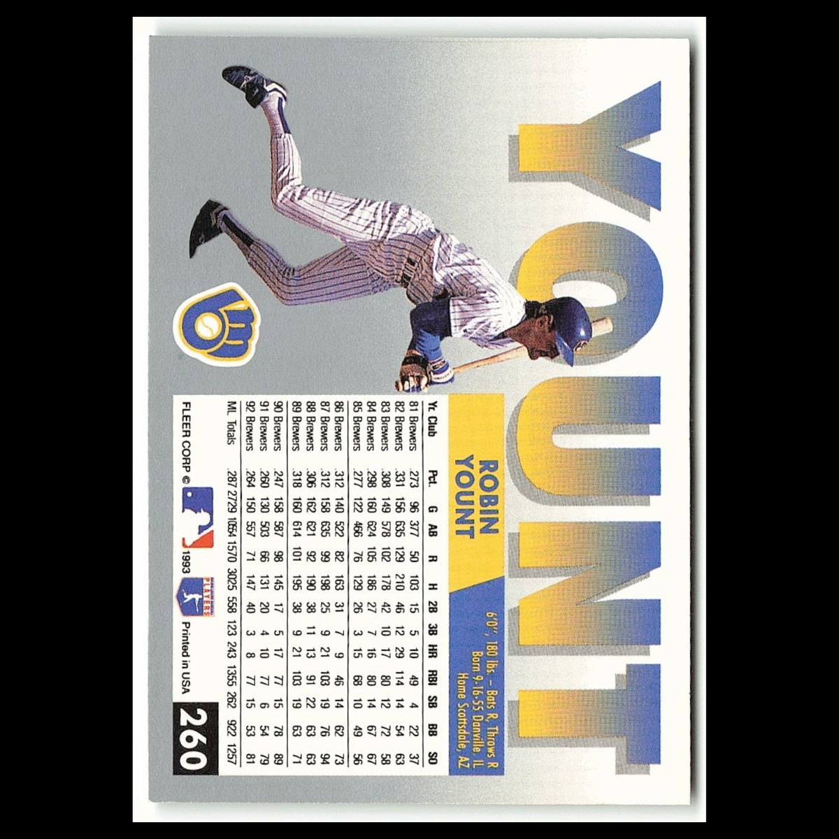 Robin Yount #260 1993 Fleer Milwaukee Brewers Baseball Card MLB NM