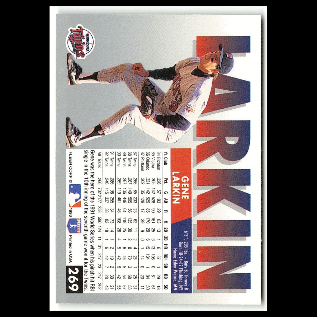 Gene Larkin #269 1993 Fleer Minnesota Twins Baseball Card MLB NM