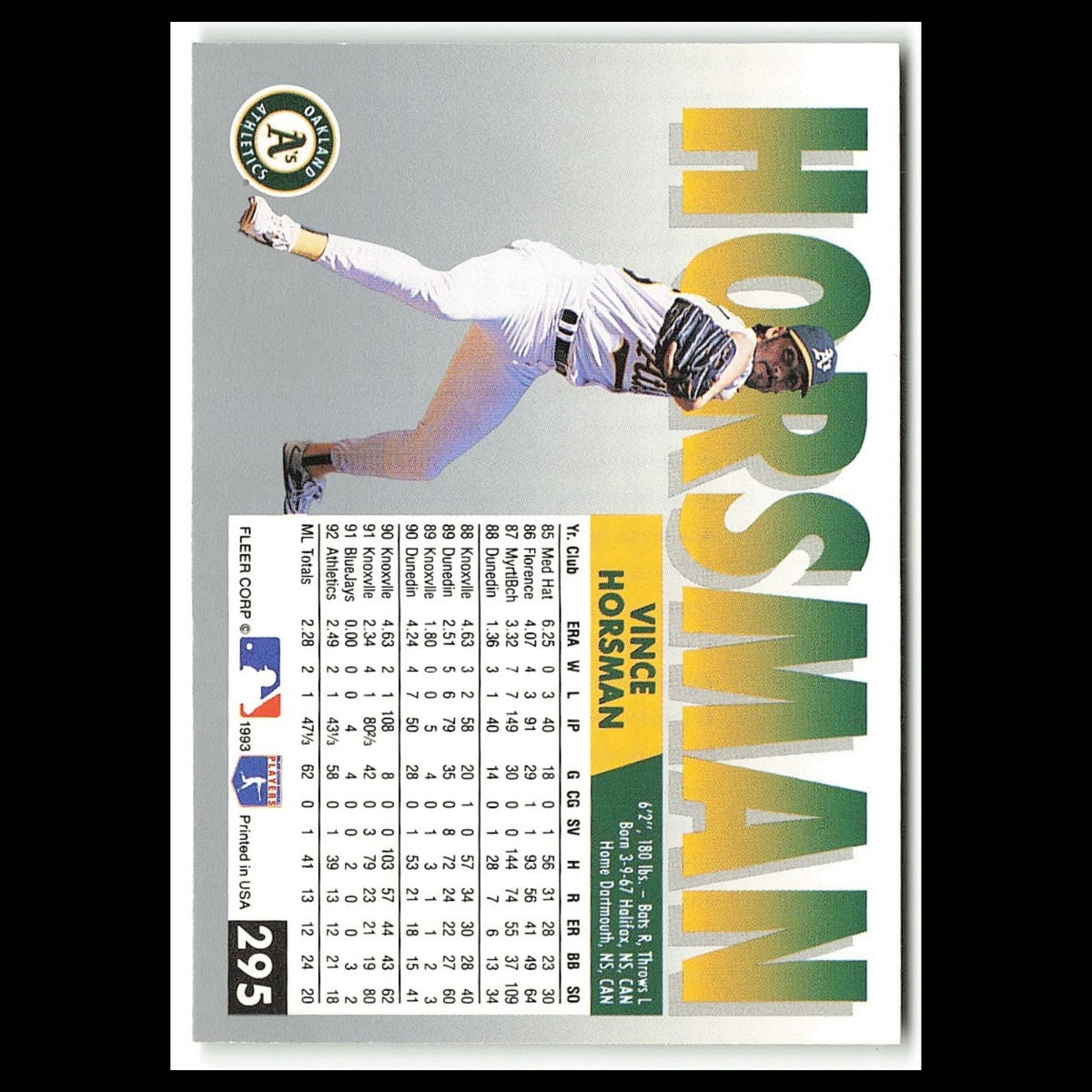 Vince Horsman #295 1993 Fleer Oakland Athletics Baseball Card MLB NM