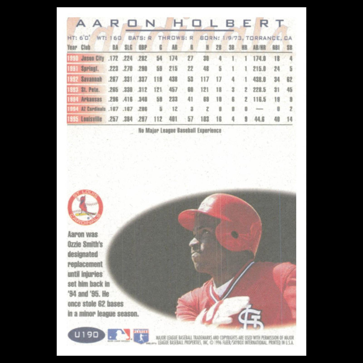 Aaron Holbert #U190 1996 Fleer Update St. Louis Cardinals Baseball Card MLB NM