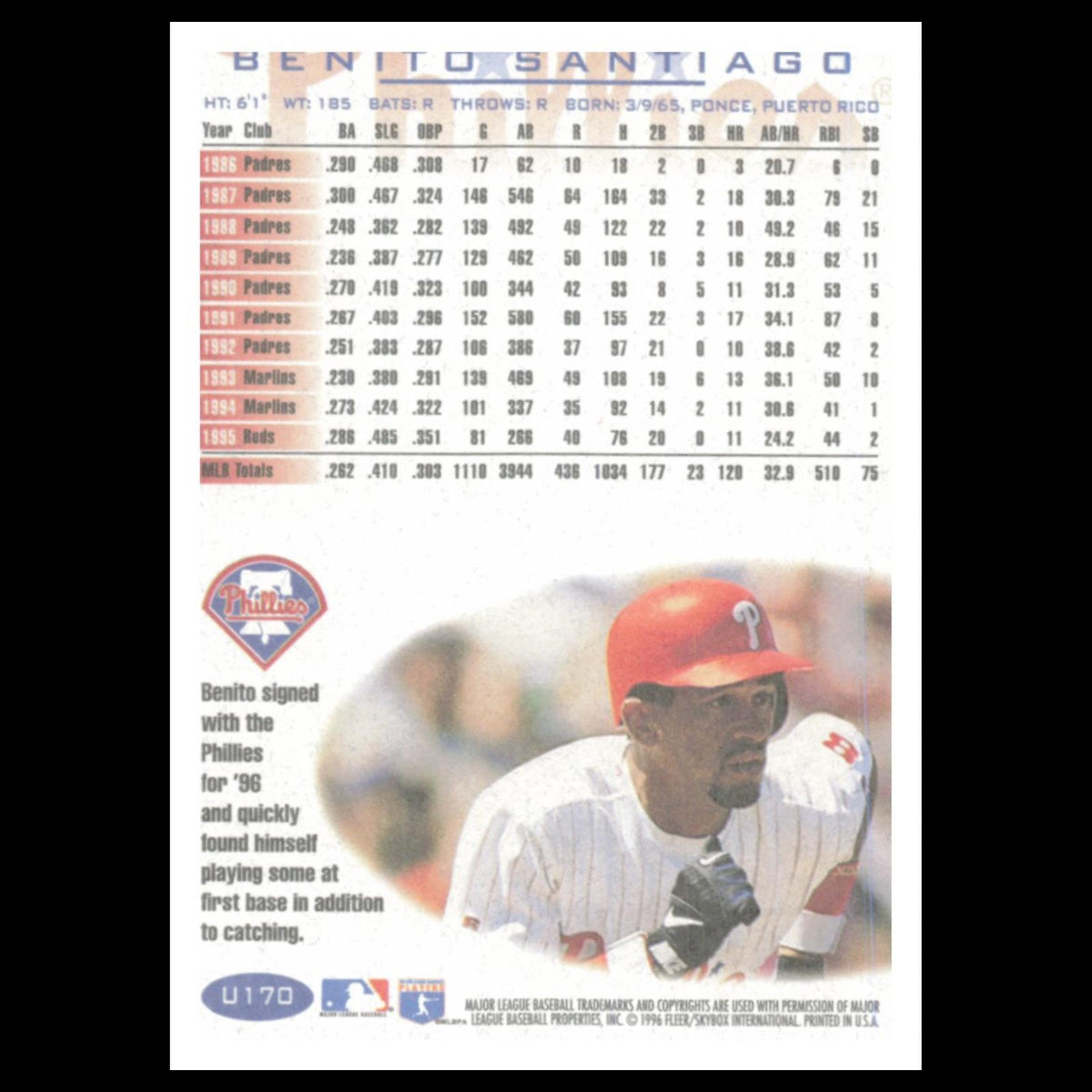 Benito Santiago #U170 1996 Fleer Update Philadelphia Phillies Baseball Card MLB