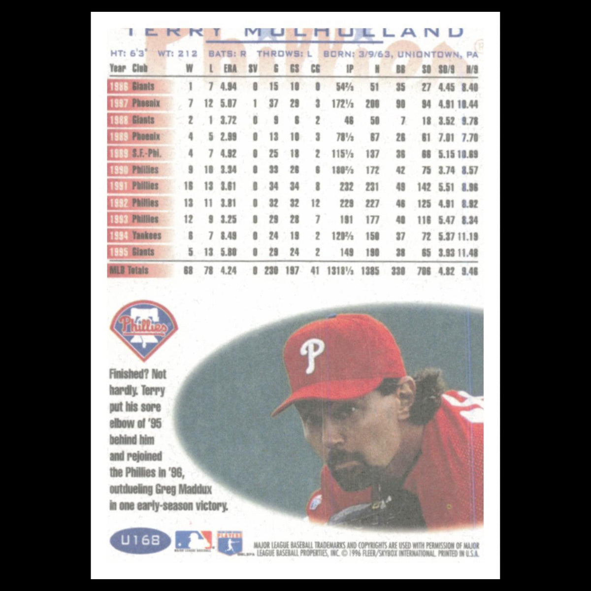 Terry Mulholland #U168 1996 Fleer Update Philadelphia Phillies Baseball Card MLB