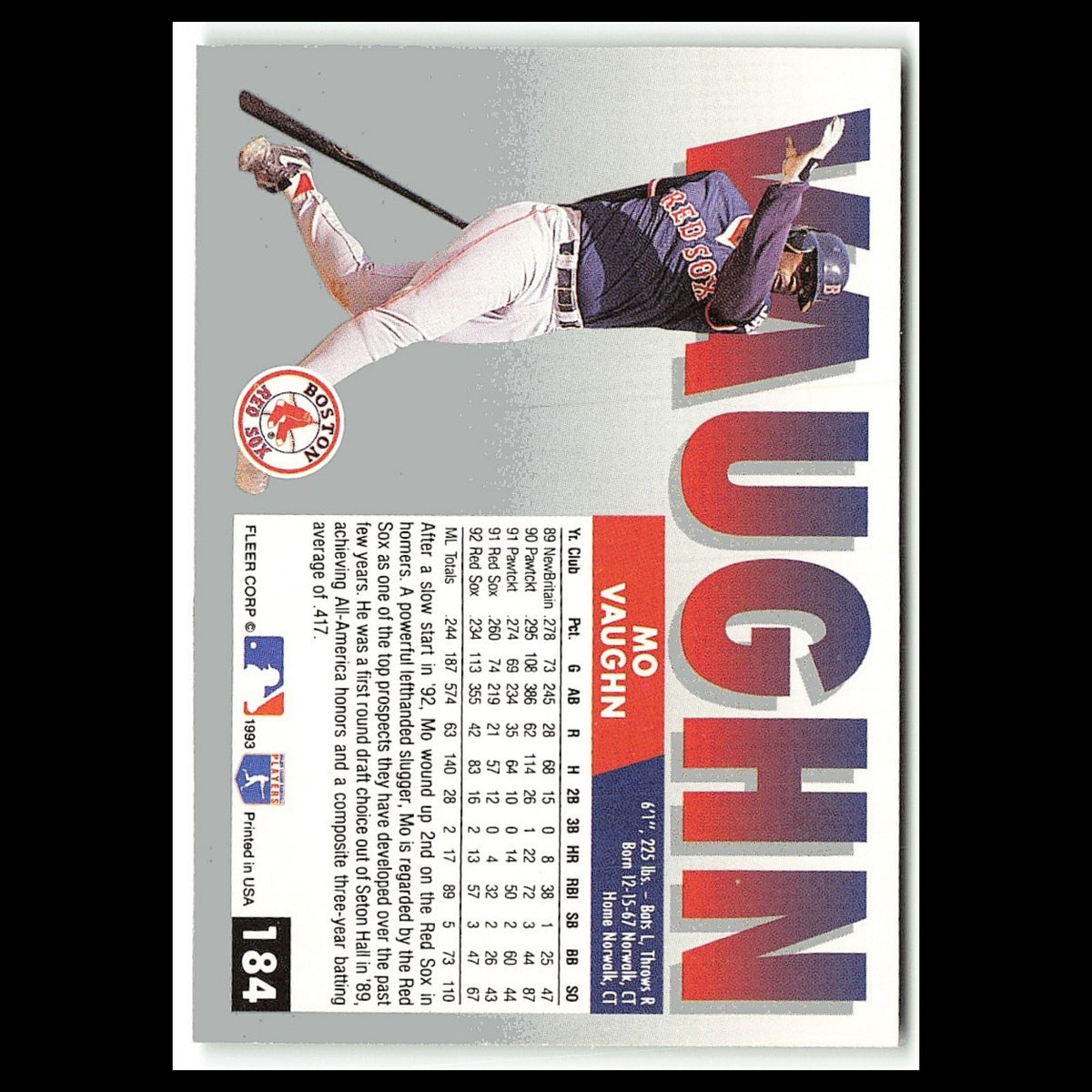 Mo Vaughn #184 1993 Fleer Boston Red Sox Baseball Card MLB NM