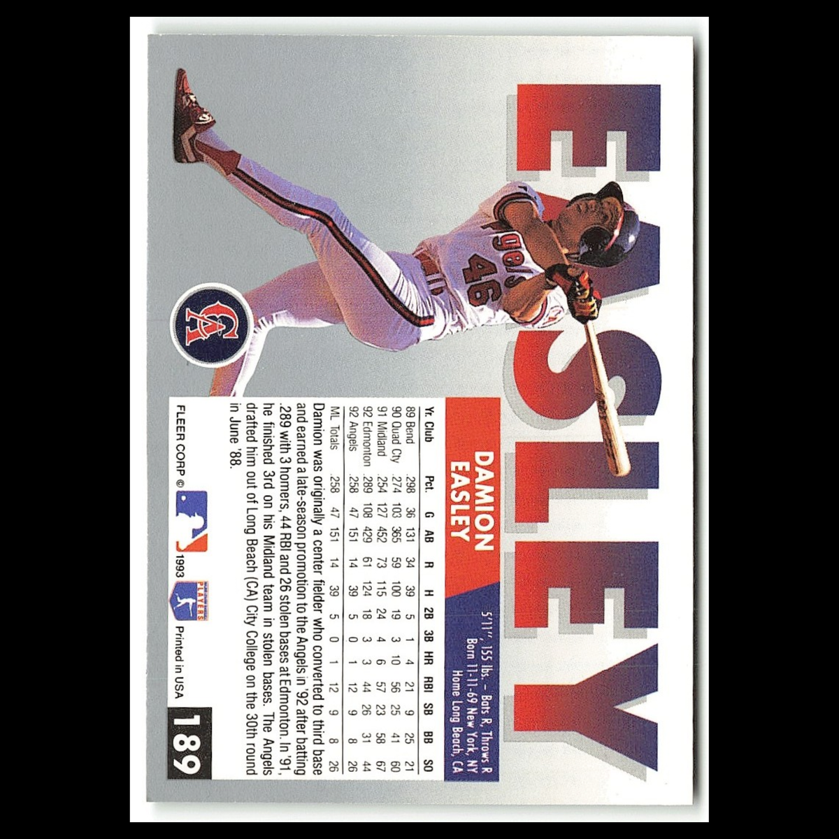 Damion Easley #189 1993 Fleer California Angels Baseball Card MLB NM