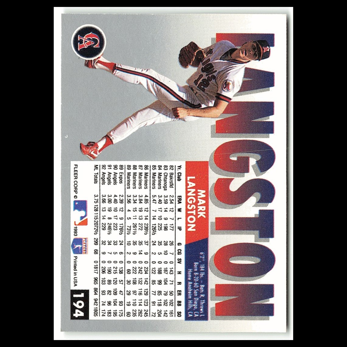 Mark Langston #194 1993 Fleer California Angels Baseball Card MLB NM