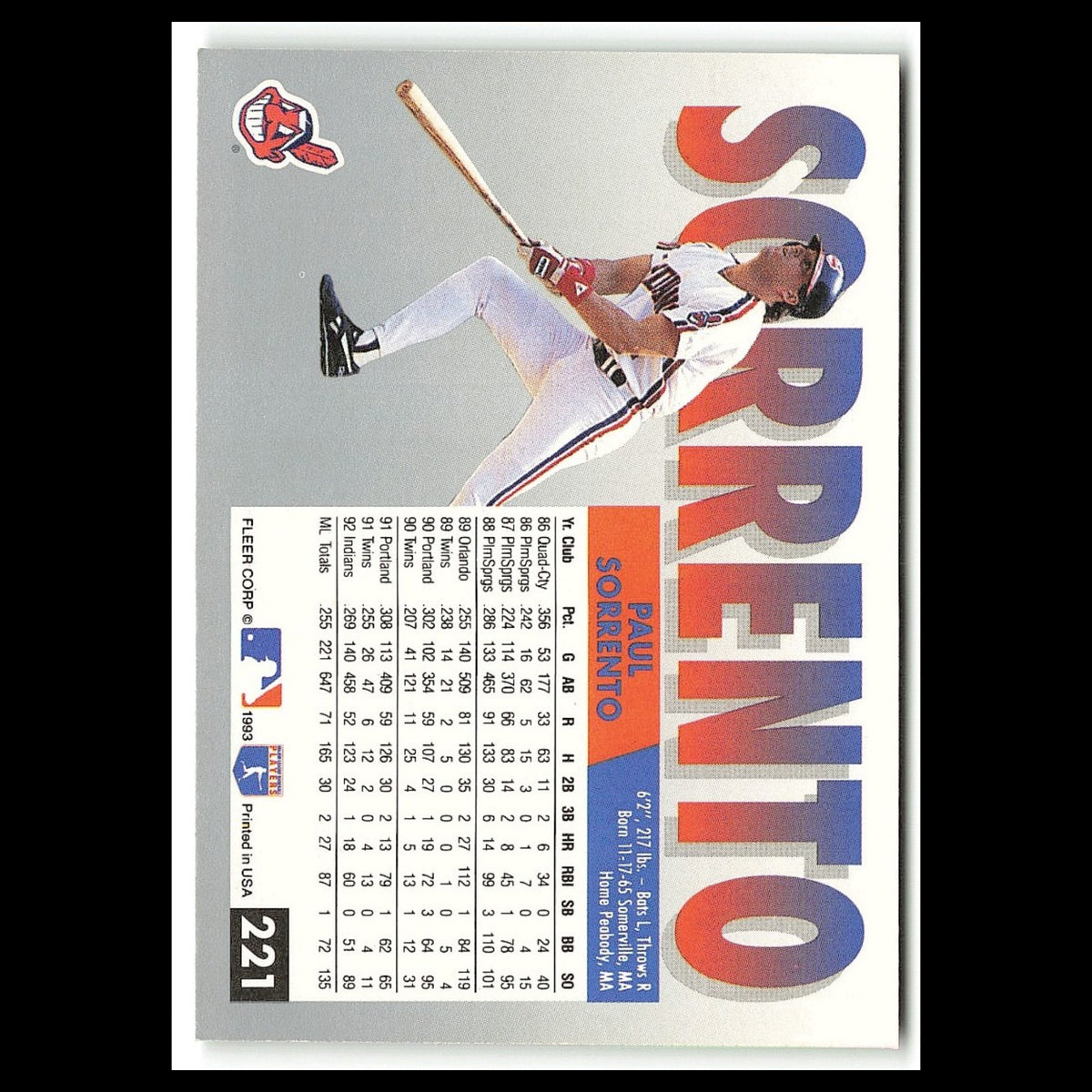 Paul Sorrento #221 1993 Fleer Cleveland Indians Baseball Card MLB NM