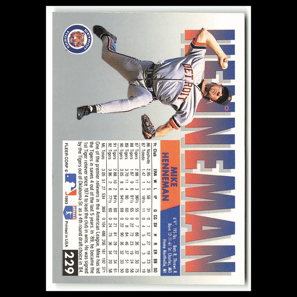 Mike Henneman #229 1993 Fleer Detroit Tigers Baseball Card MLB NM