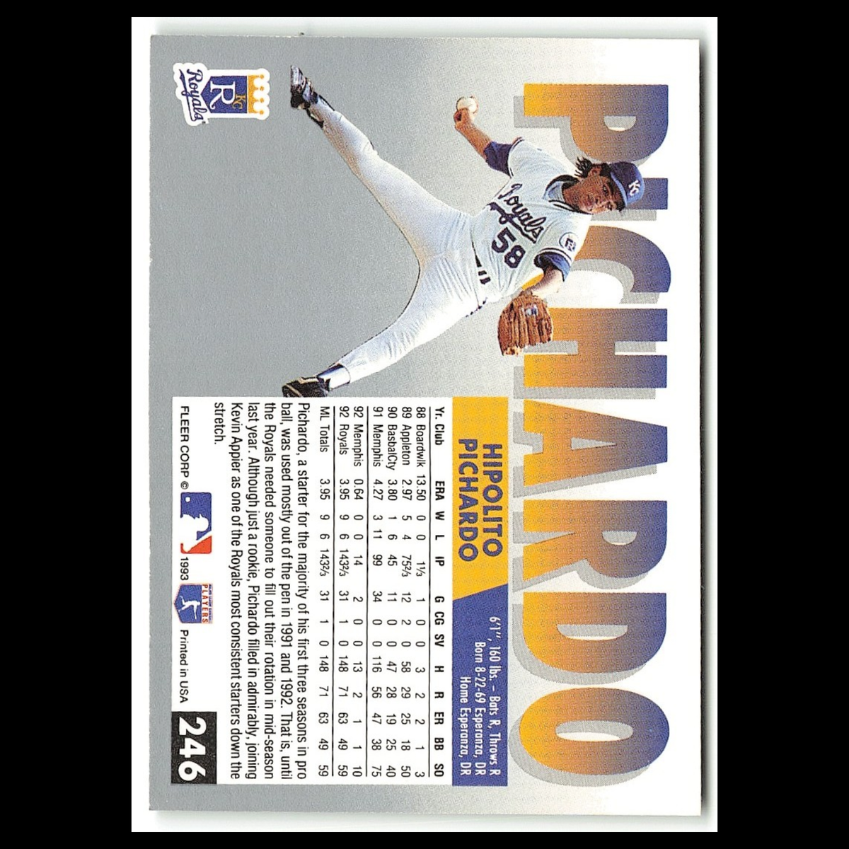 Hipolito Pichardo #246 1993 Fleer Kansas City Royals Baseball Card MLB NM