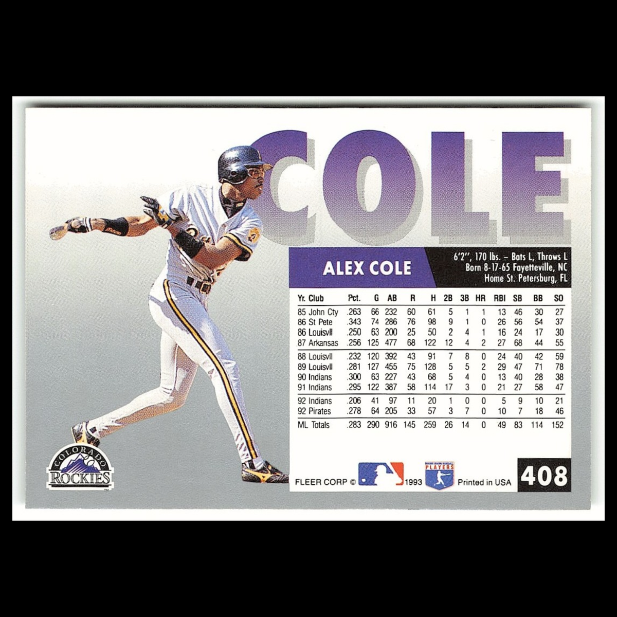 Alex Cole #408 1993 Fleer Colorado Rockies Baseball Card MLB NM