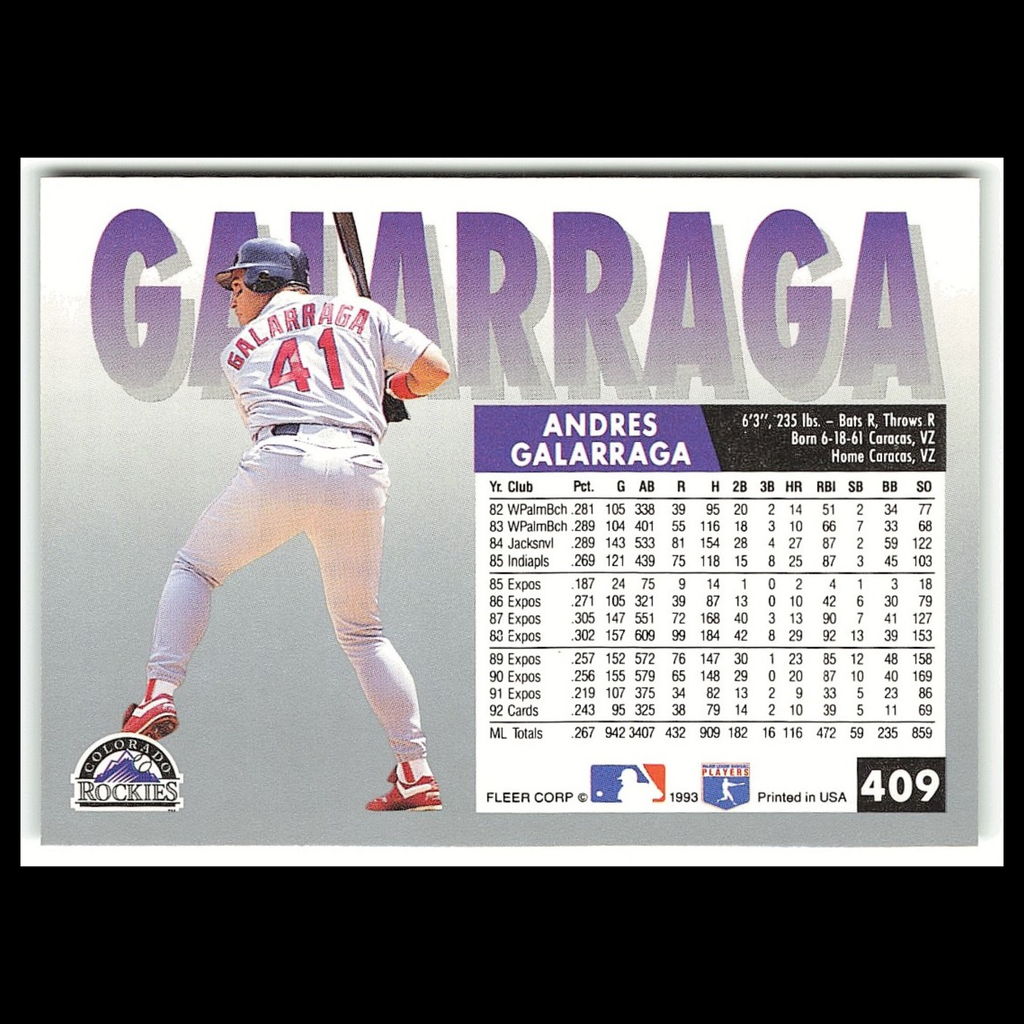 Andres Galarraga #409 1993 Fleer Colorado Rockies Baseball Card MLB NM