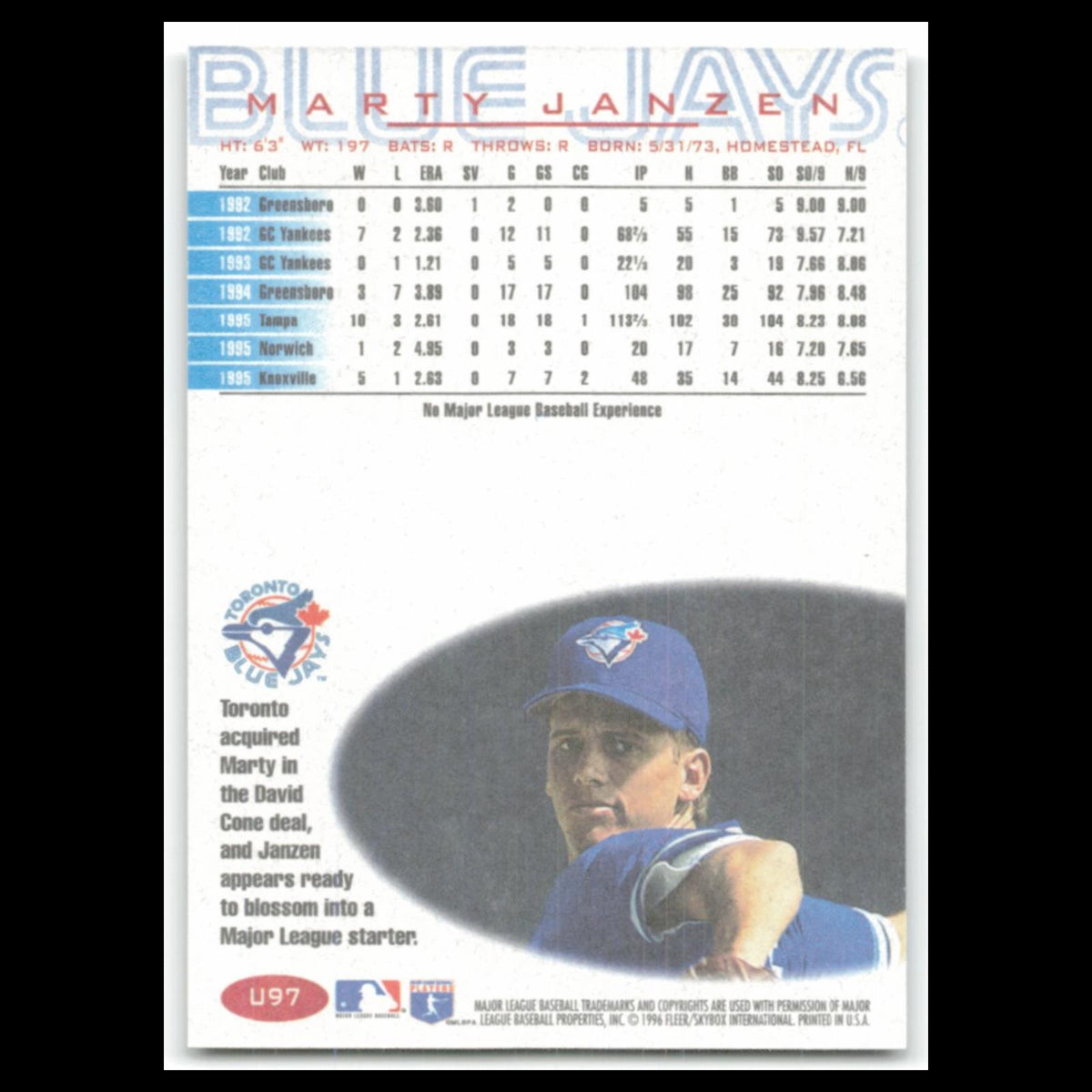Marty Janzen Rookie #U97 1996 Fleer Update Toronto Blue Jays Baseball Card MLB