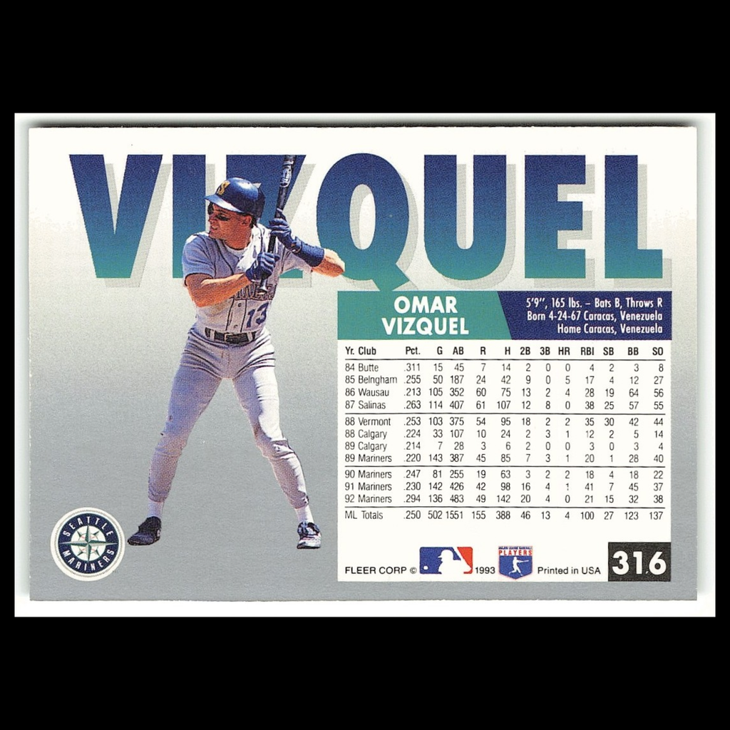 Omar Vizquel #316 1993 Fleer Seattle Mariners Baseball Card MLB NM