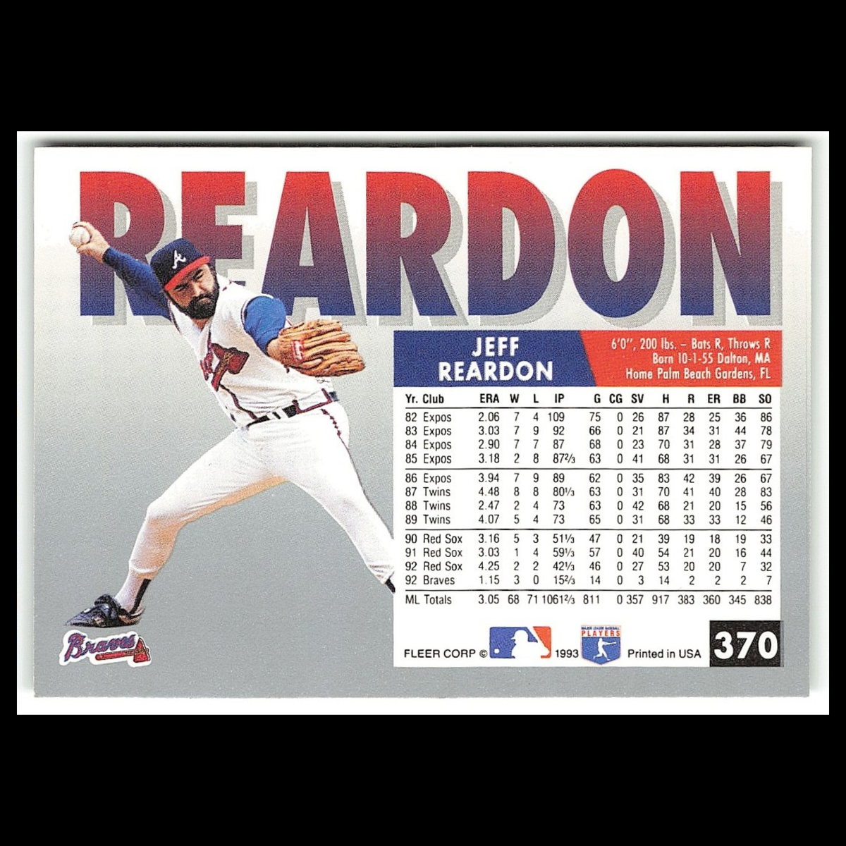 Jeff Reardon #370 1993 Fleer Atlanta Braves Baseball Card MLB NM
