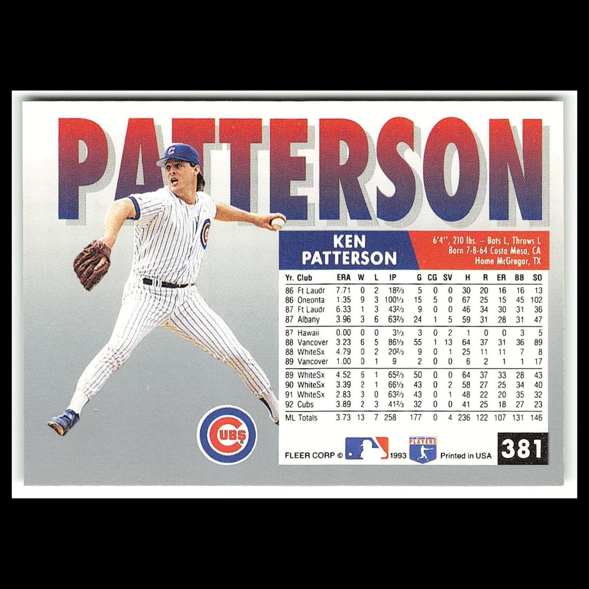 Ken Patterson #381 1993 Fleer Chicago Cubs Baseball Card MLB NM