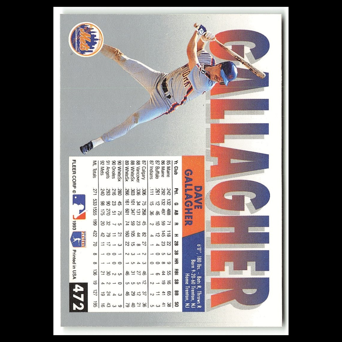 Dave Gallagher #472 1993 Fleer New York Mets Baseball Card MLB NM