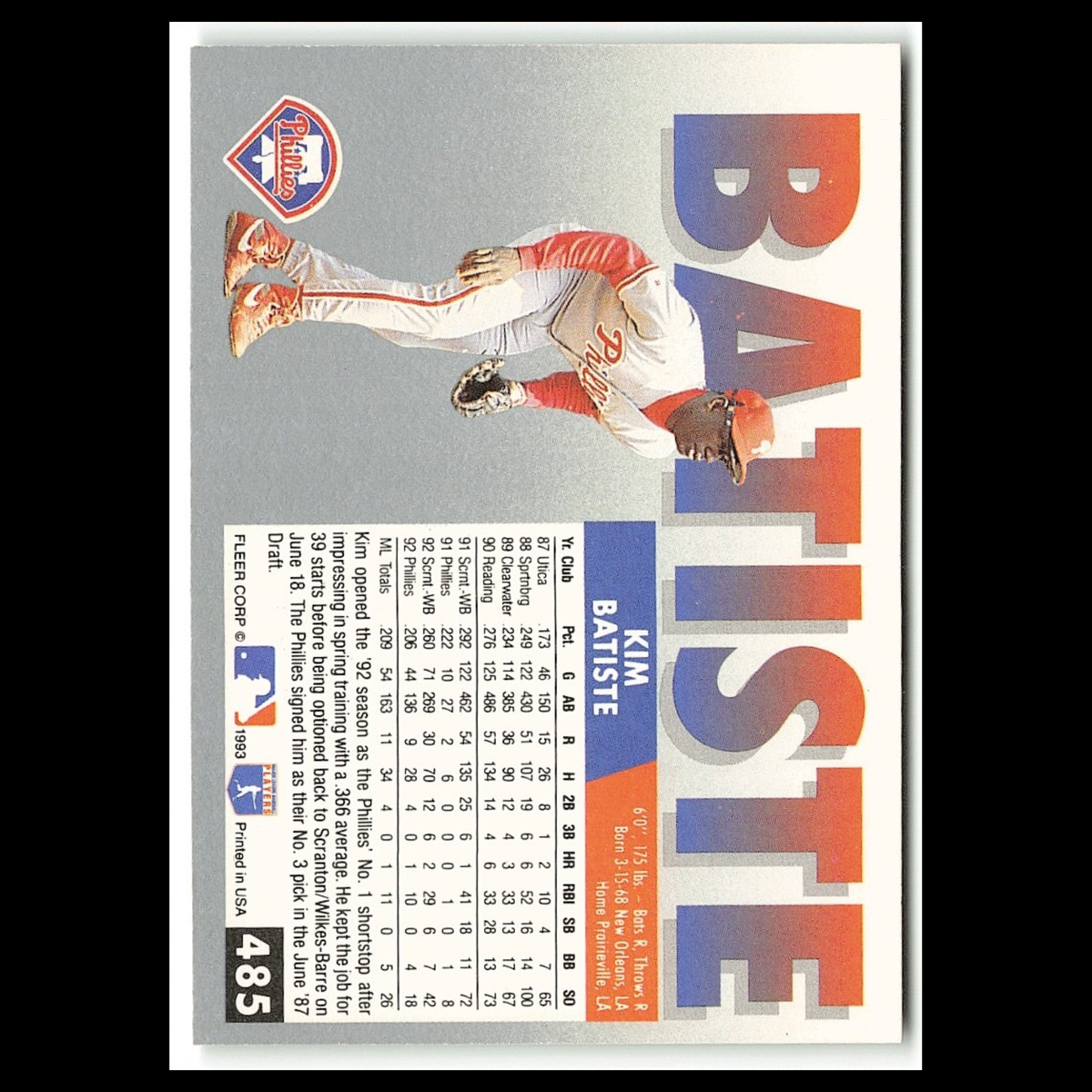 Kim Batiste #485 1993 Fleer Philadelphia Phillies Baseball Card MLB NM