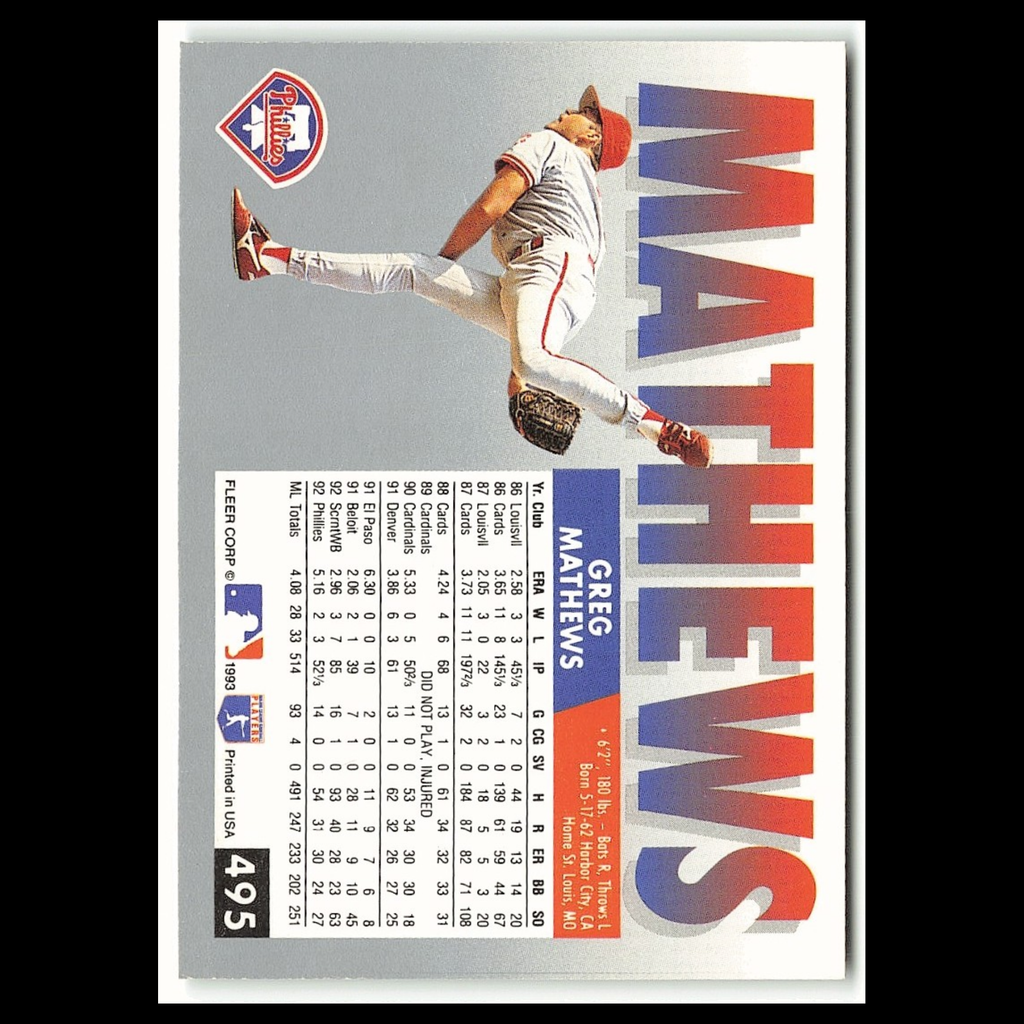 Greg Mathews #495 1993 Fleer Philadelphia Phillies Baseball Card MLB NM