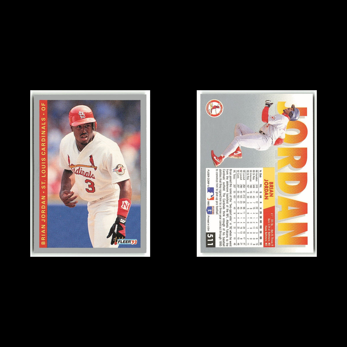 Brian Jordan #511 1993 Fleer St. Louis Cardinals Baseball Card MLB NM