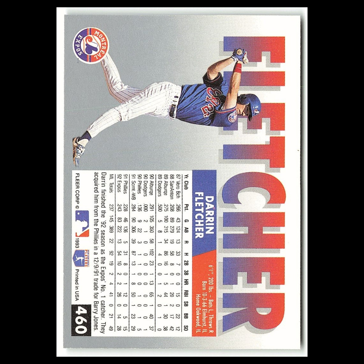 Darrin Fletcher #460 1993 Fleer Montreal Expos Baseball Card MLB NM
