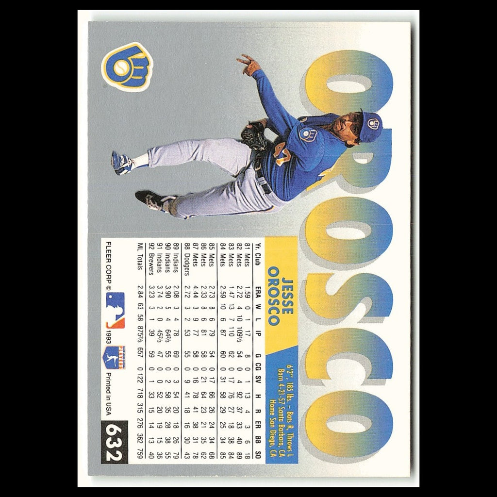 Jesse Orosco #632 1993 Fleer Milwaukee Brewers Baseball Card MLB NM