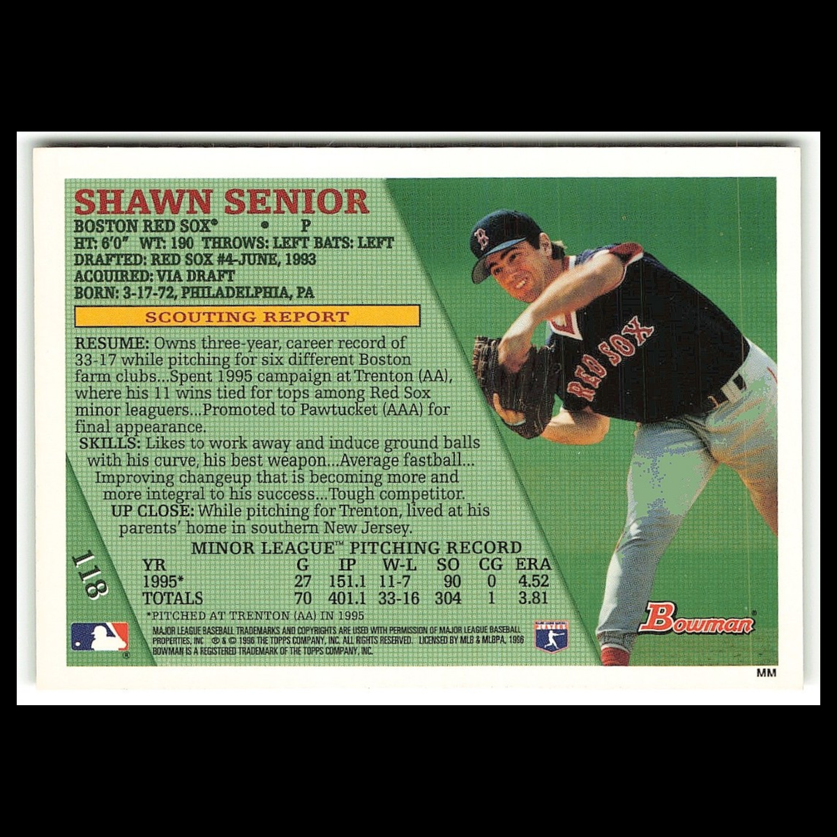 Shawn Senior Rookie #118 1996 Bowman Boston Red Sox Baseball Card MLB NM
